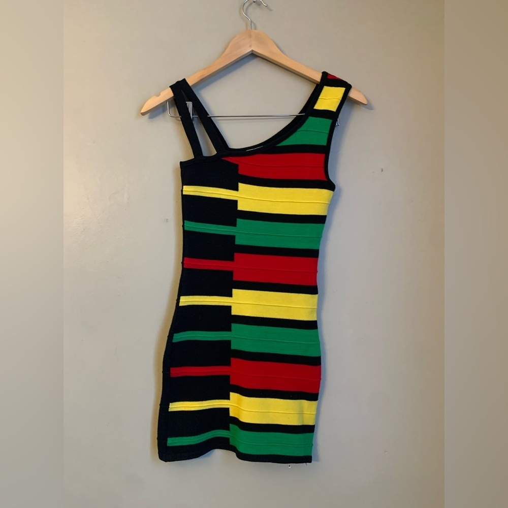 Hera Usa Colorful Knit Sweater Bodycon Sleeveless Dress S Asymmetrical Shoulder